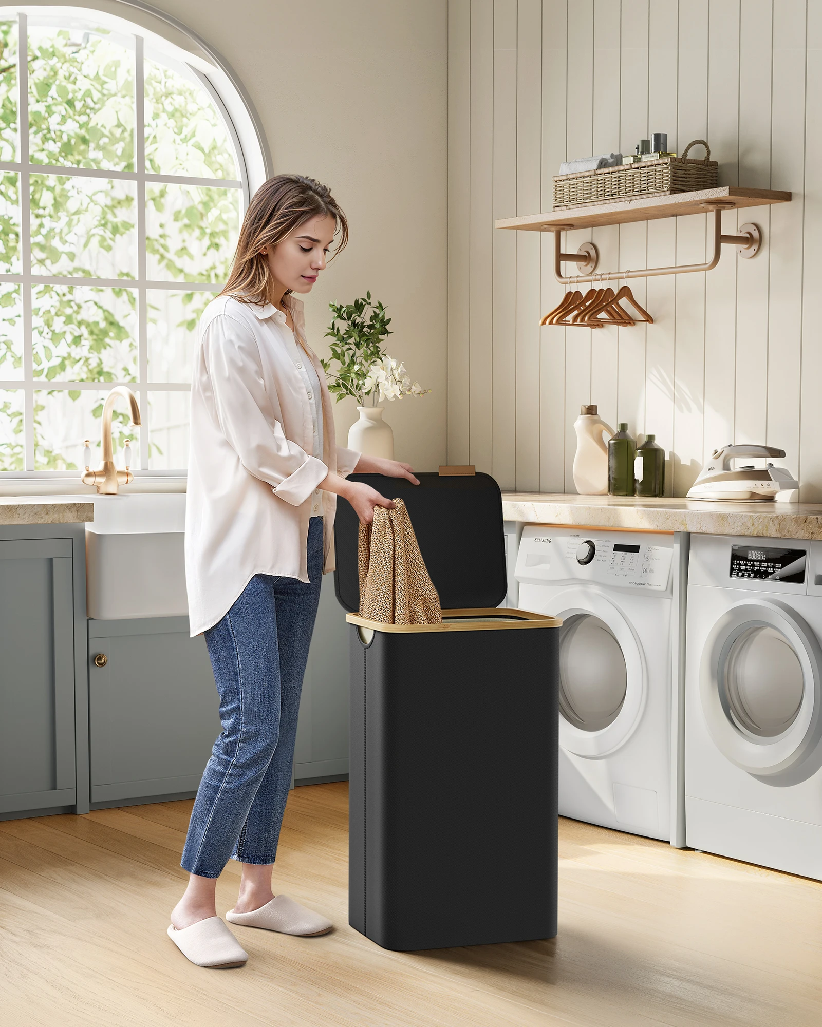 SONGMICS Laundry Basket with Lid, Large Laundry Hamper, 90L, Removable Mesh Liner, Oxford Fabric, Bamboo Handles, Collapsible