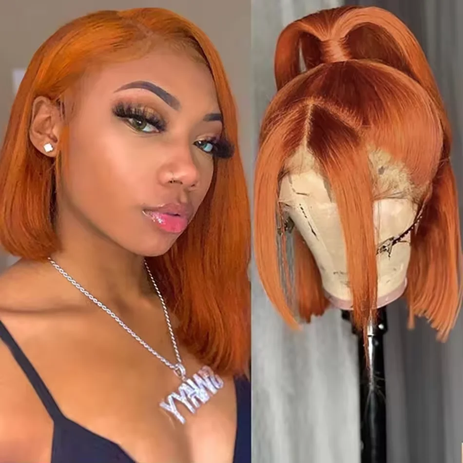 

Ginger Orange Straight Bob Wig 350 Short Human Hair Wig 200Density 13x4 Transparent Lace Front Wig Pre Plucked On Clearance Sale