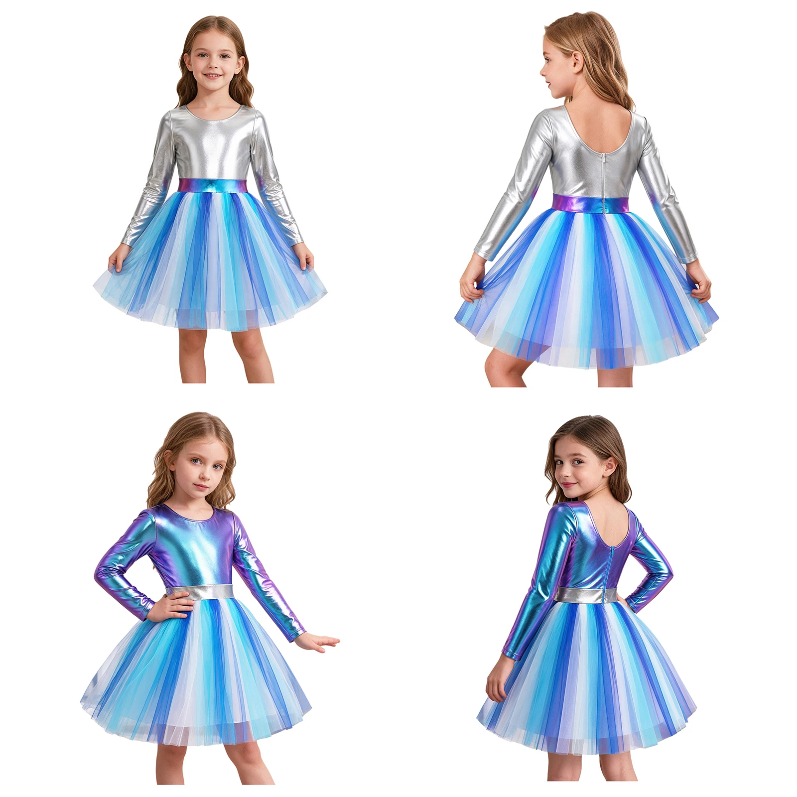 Kids Girls Long Sleeve Metallic Shiny Zipper Bodice Tulle Alien Dress Halloween Theme Party Robot Space Cadet Cosplay Costume