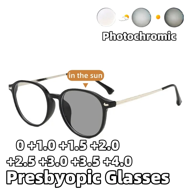 

Ultra-Light Photochromic Anti-Blue Light Presbyopia Glasses Unisex Stylish Round-Frame Reading Eyewear Diopter 0 To +4.0