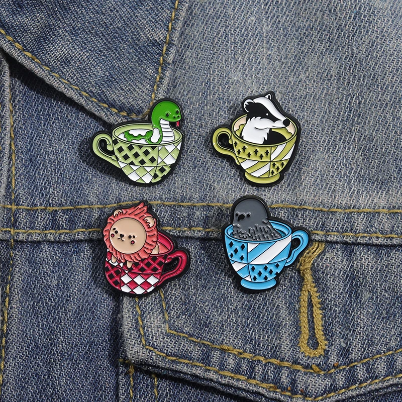 Cute Cartoon Cup Animal Enamel Pins Cartoon Lion Snake Owl Brooches Accessories Backpack Lapel Badge Gift for Friends Wholesale