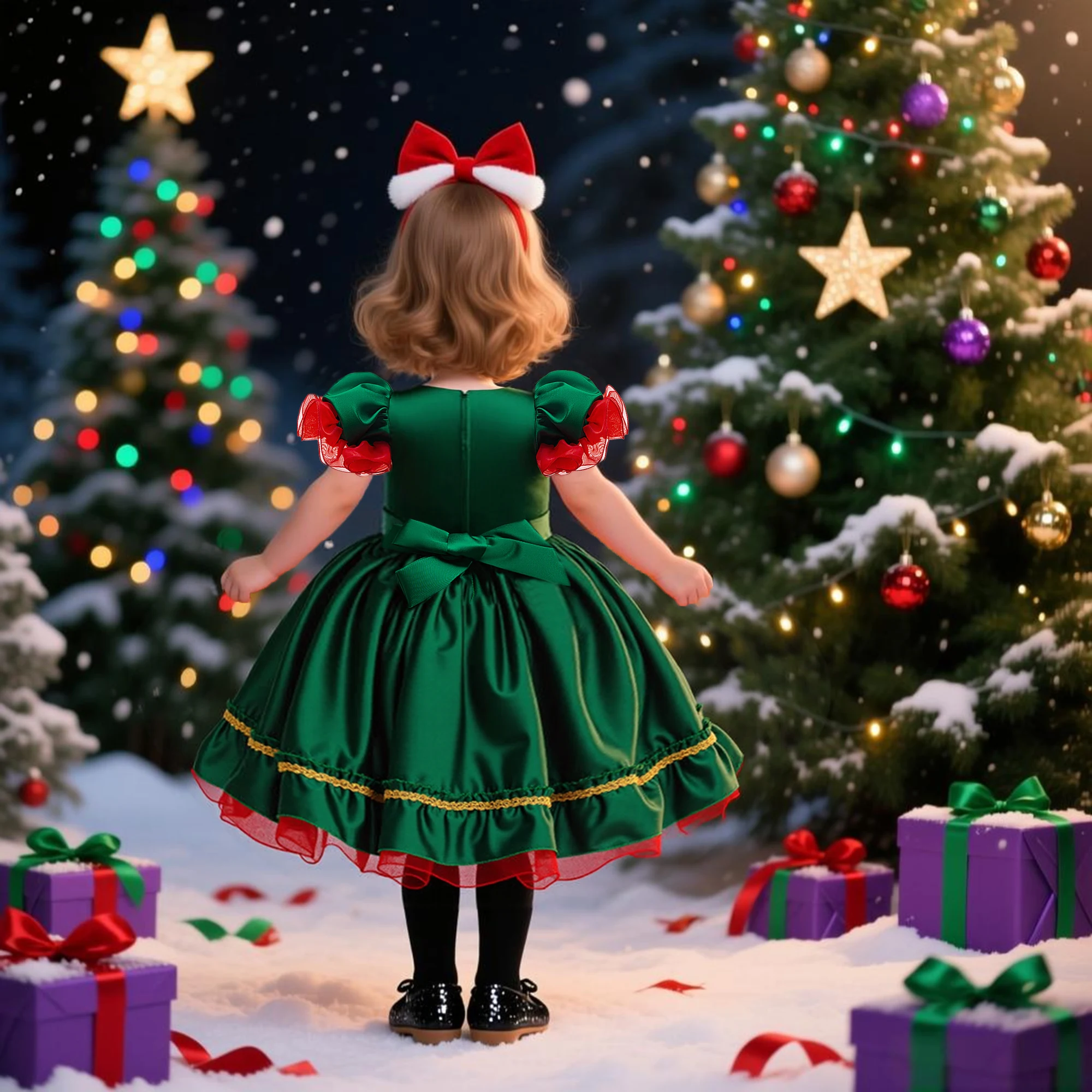 Green Red Sleeve Children Christmas Party Dresses For Kids Girls Birthday Princess Dress Beading Girl Wedding Formal Ball Gown