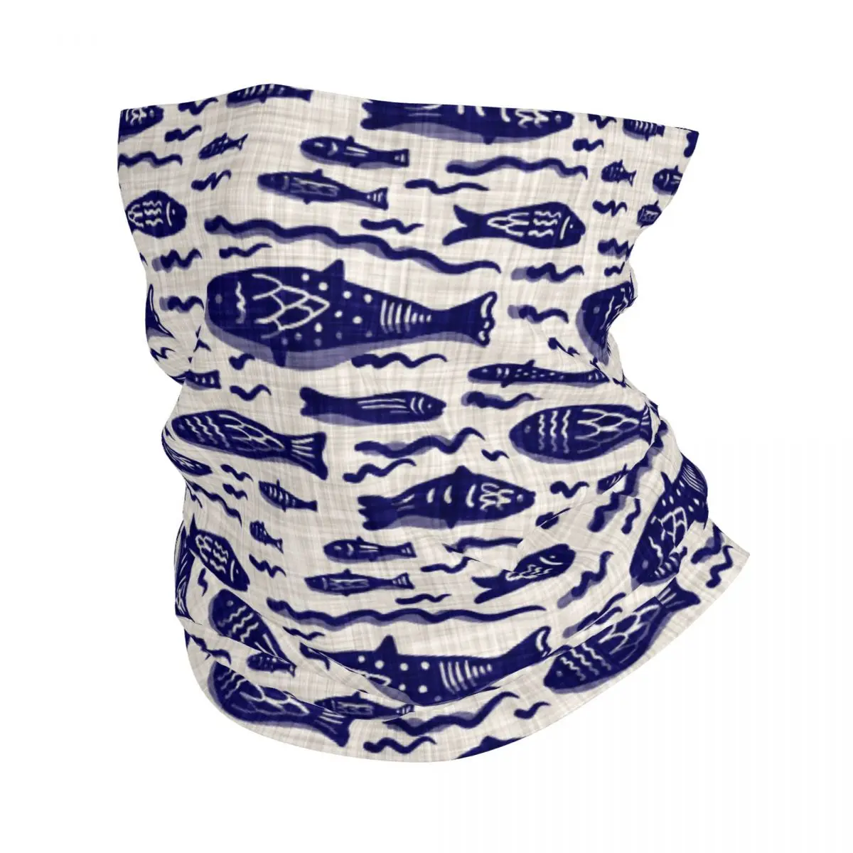 Blue Fishes On Cream Linen Thin Bandana Neck Gaiter Wrap Scarf Headband Neck Cover