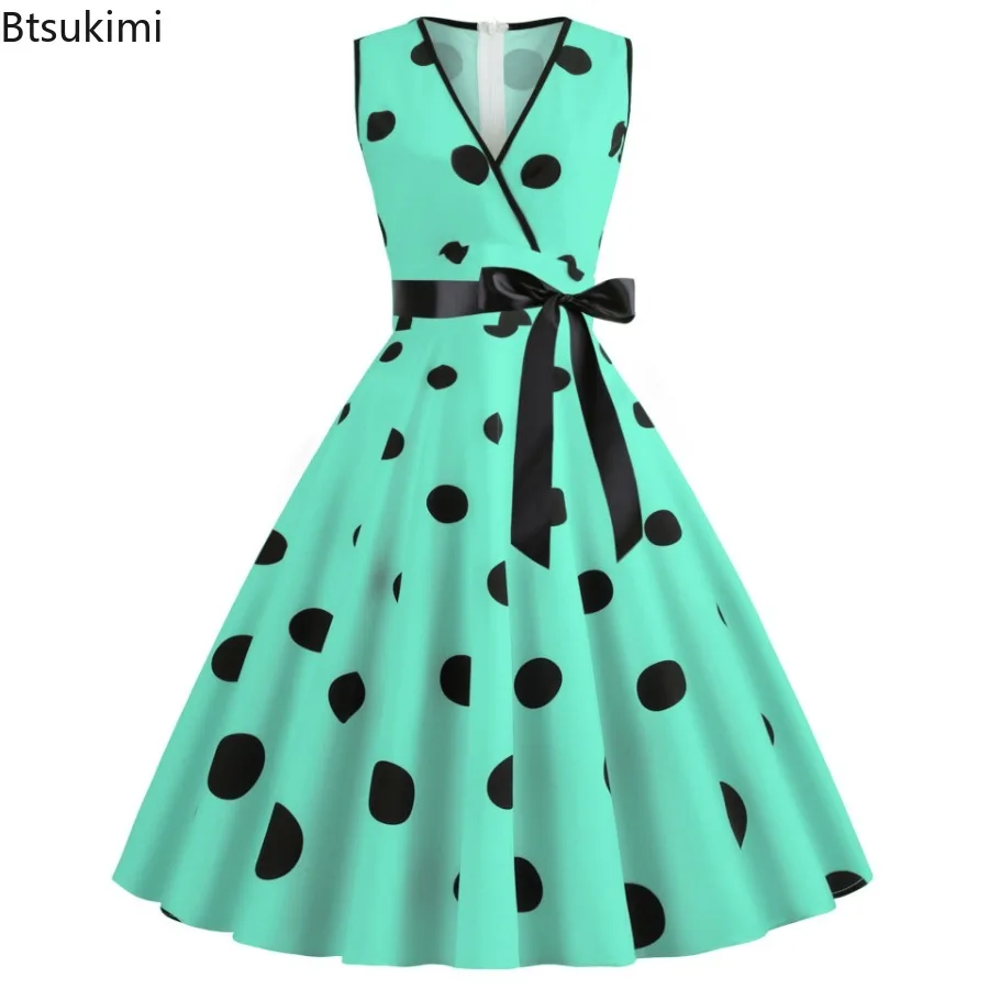 2024 Vintage Polka Dot Printed Big Swing Dress Women's Elegant  Deep V Neck Party Dress Ladies Bow Lace Up Summer Dresses Femme