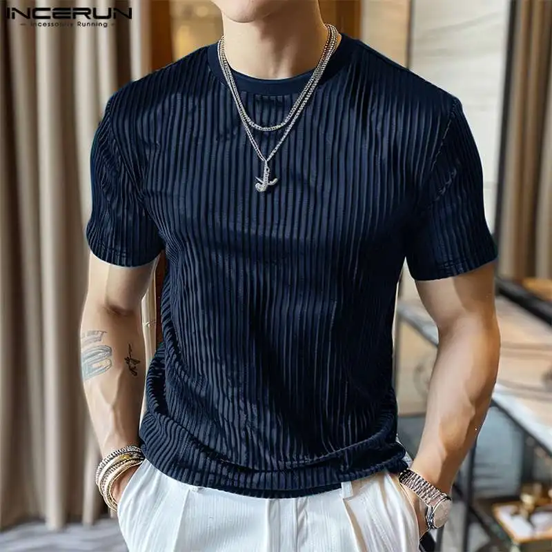 INCERUN Men T Shirt Velour Solid Color O-neck Short Sleeve Streetwear Tee Tops Summer 2024 Korean Style Fashion Men Clothing