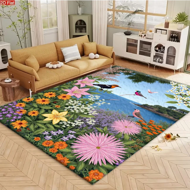 Vibrant Garden Bird Floral Scenery Carpet Flooring Artistic Home Decor Area Rug for Living Space