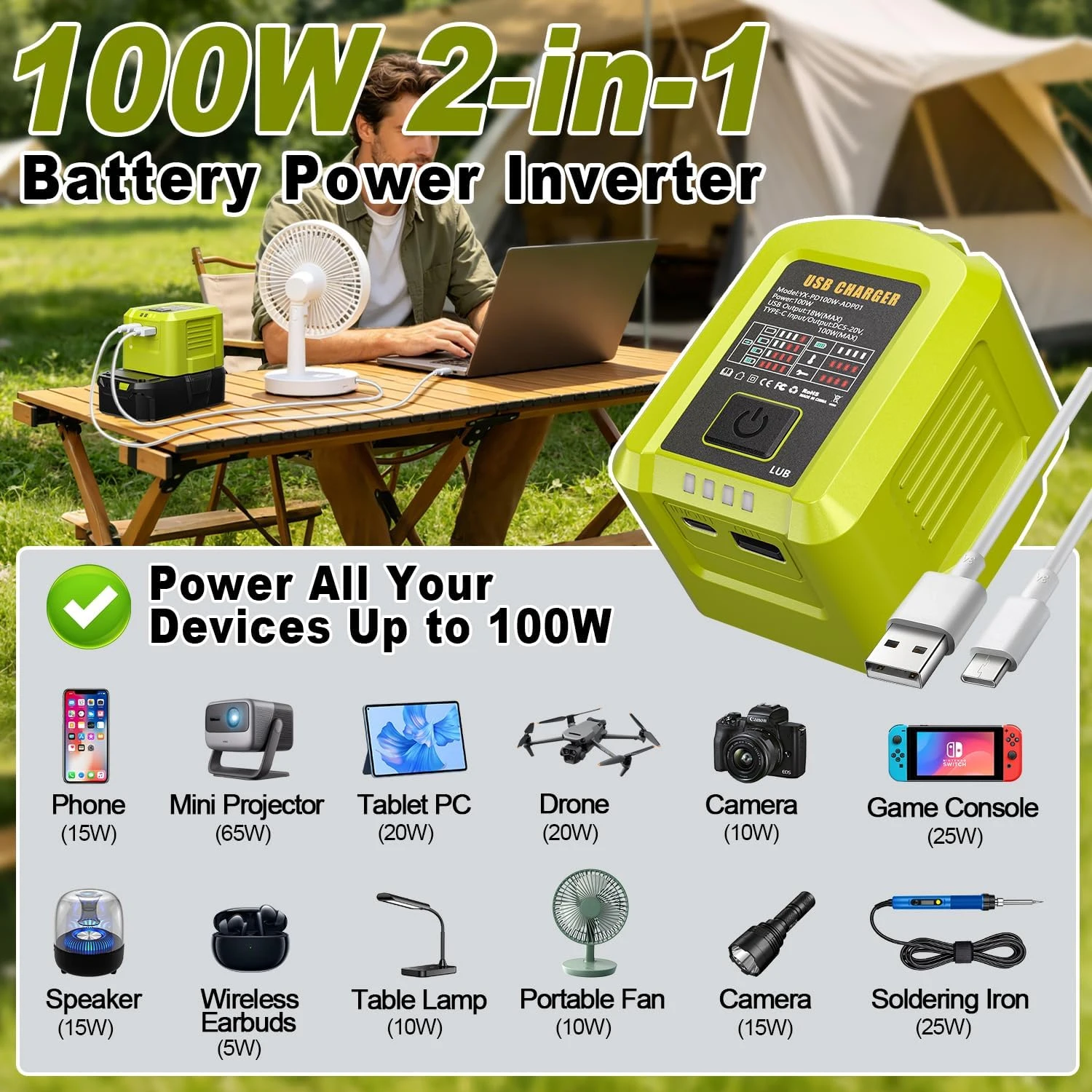 NEUES Verbessertes Tragbares 100W Schnellladegerät ADP01 für Ryobi 18V ONE+ Lithium-Akku, USB-Anschluss, Zwei-Wege-Ladegerät – Detail 7