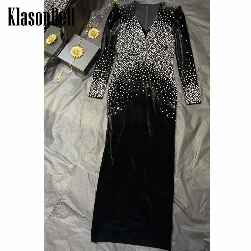 12.18 KlasonBell Fashion Temperament Diamonds Long Sleeve Dress V-Neck Back Split Maxi Evening Dress