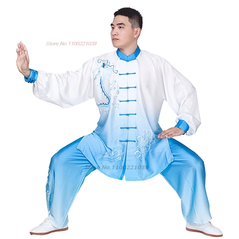 

2024 chinese vintage tai chi wushu clothes gradient color dragon embroidery training exercise set martial arts kungfu exercise