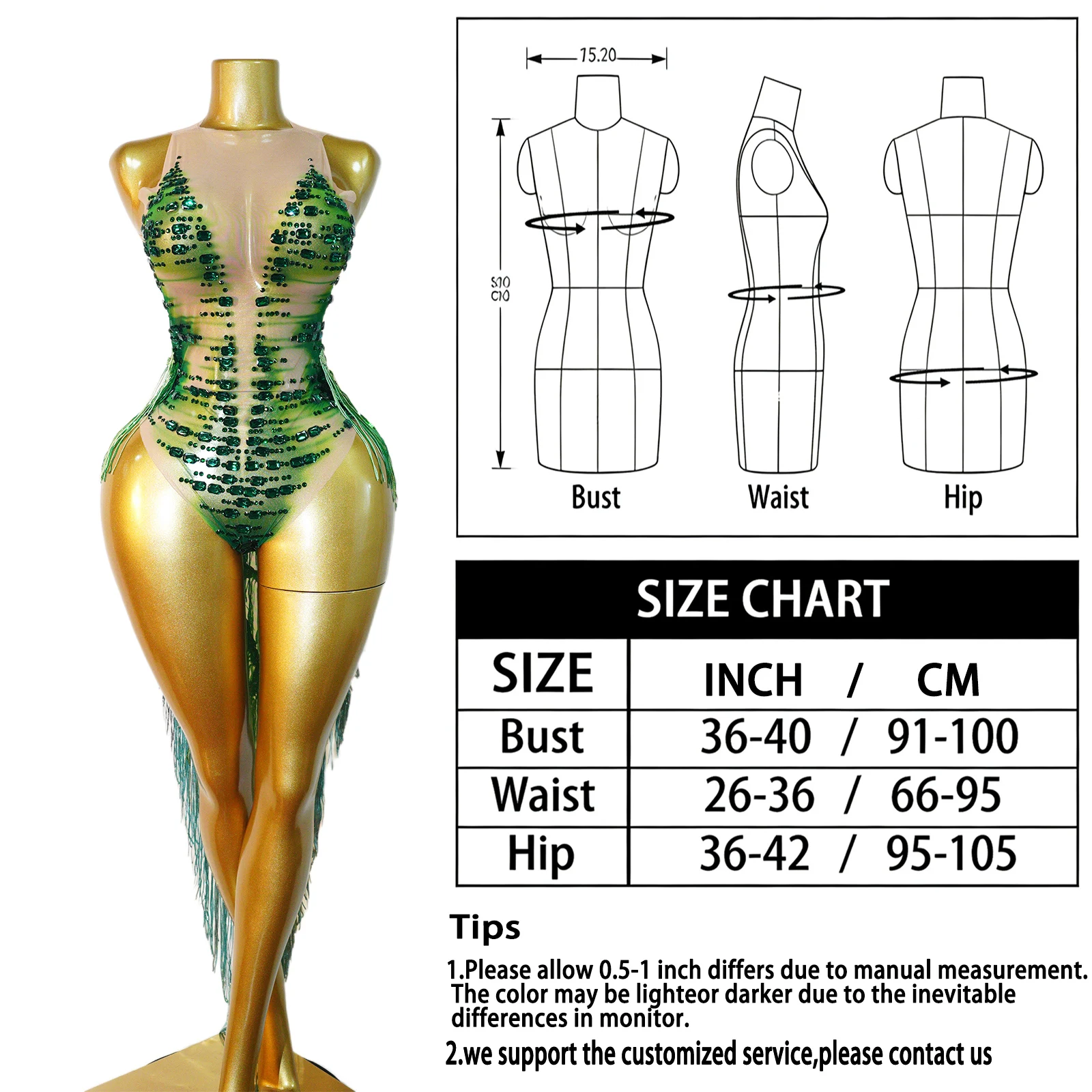 Sparkly Green Rhinestones Tassels Bodysuit Women Sexy Transparent Celebrate Birthday Outfit Performance Dance Costume Stage Wear view 2