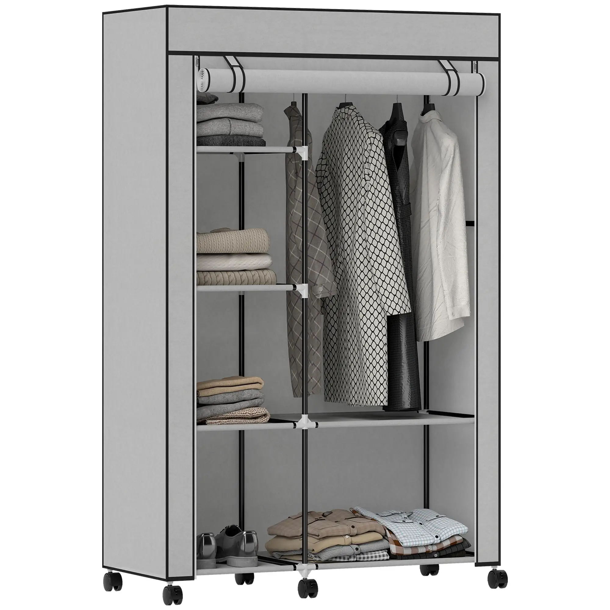 Armoire en tissu 103x43x162,5 cm avec 6 niveaux, 1 tringle à vêtements, roulettes, gris clair