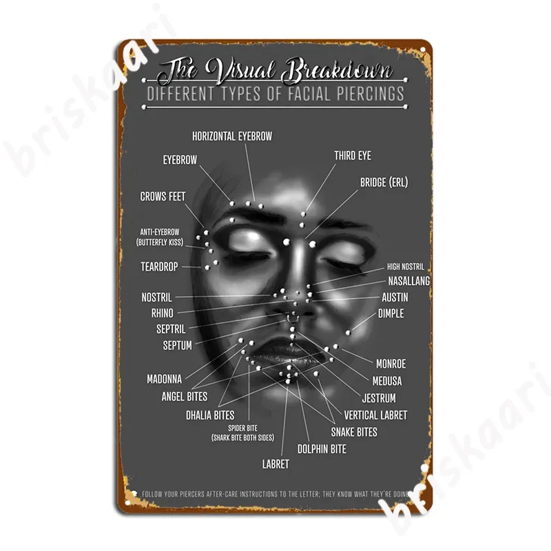 Face Piercing Chart Black And White Metal Sign Club Vintage Wall Decor Cave Pub Tin Sign Poster