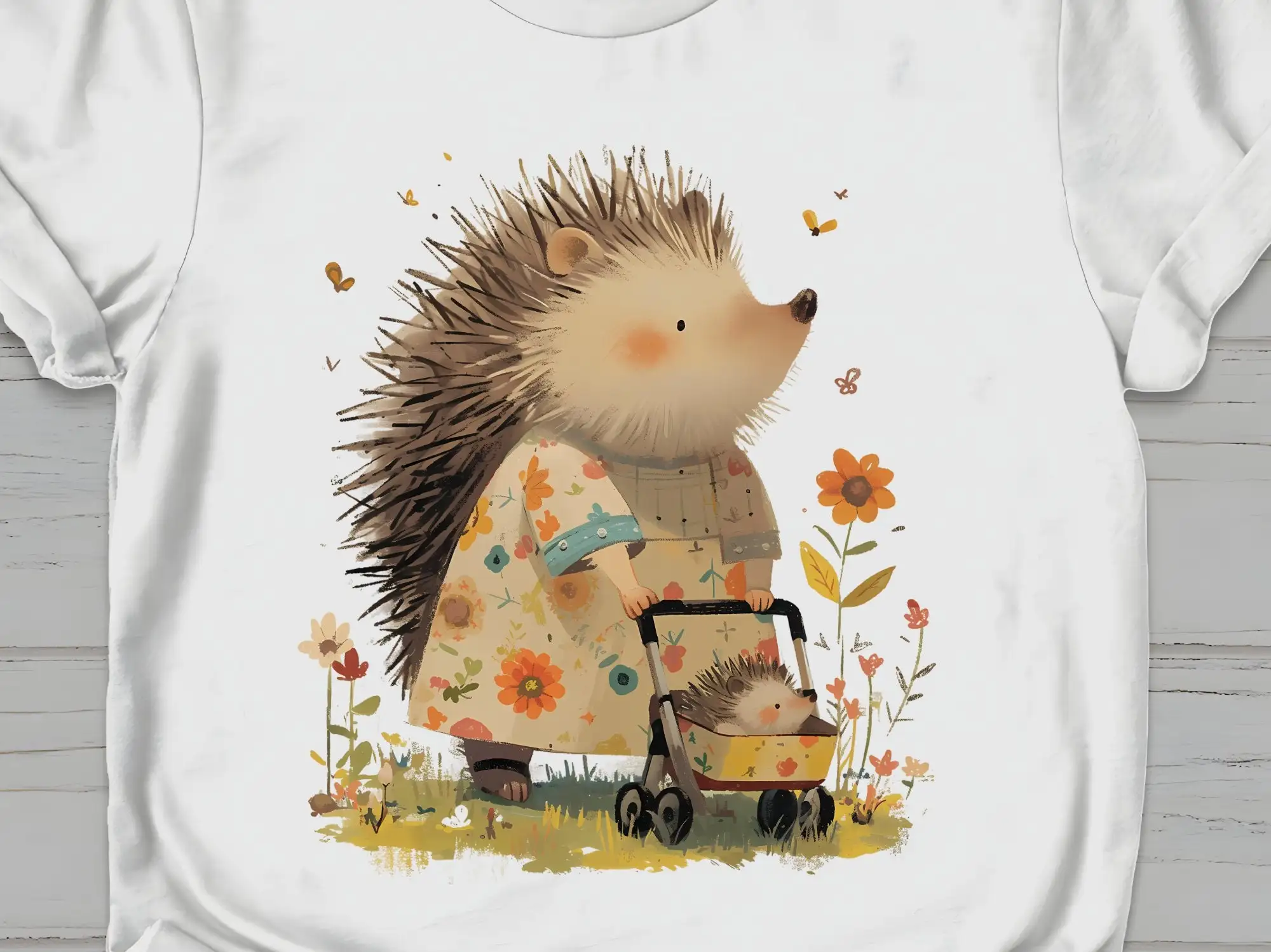 Hedgehog Mom and Baby in Stroller T Shirt Mother's Day Animal Lover Apparel Cute Mother Design