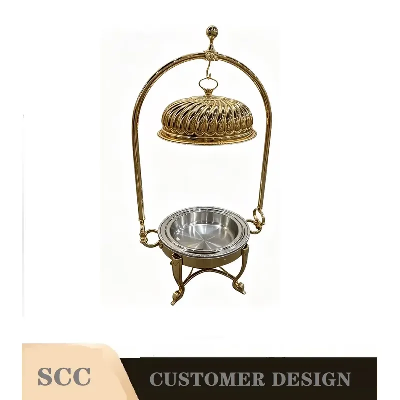 Luxury gold thermal insulation pot catering rack hanging lid stainless steel large-capacity alcohol heating buffet warmer