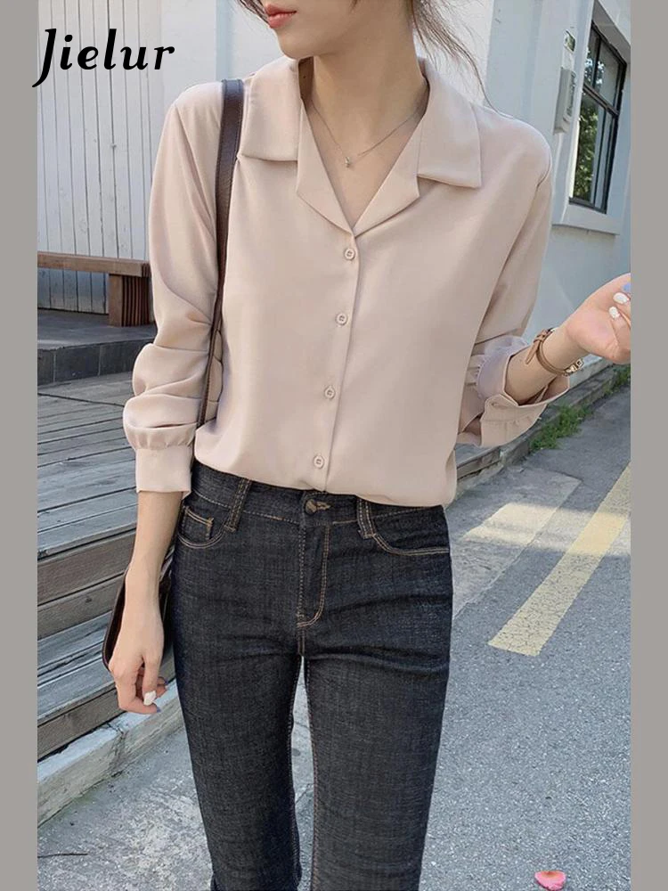 Jielur White Shirts Long Sleeve Single Breasted Button Elegant Office Lady V Neck Work Blouse Women Chic Korea Top