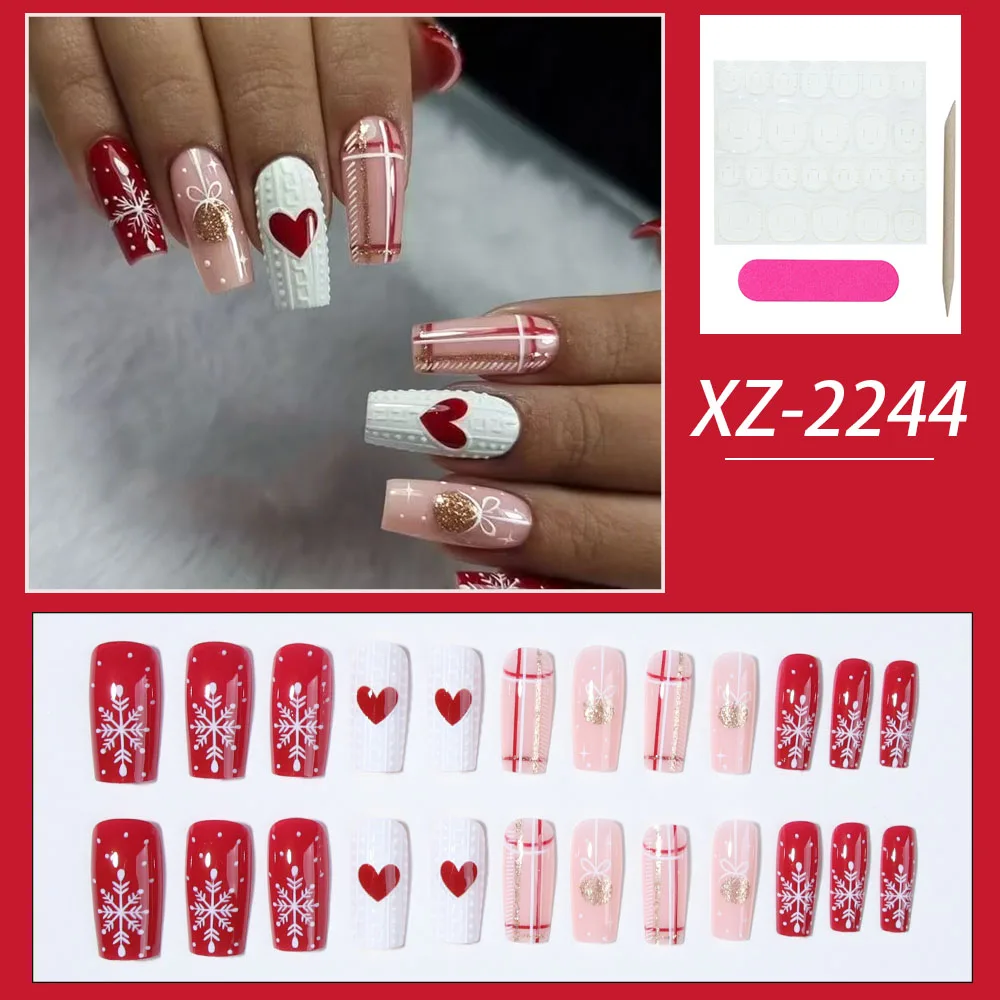 24pcs medium and long fake nails, love Christmas glitz butterfly, lines, snowflake full cover design fake nails, press fake nail