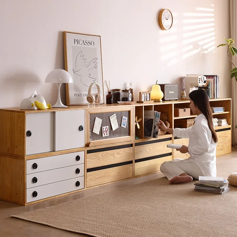 Ash wood TV cabinet Storage book bucket cabinet Multifunctional solid wood free combination module cabinet
