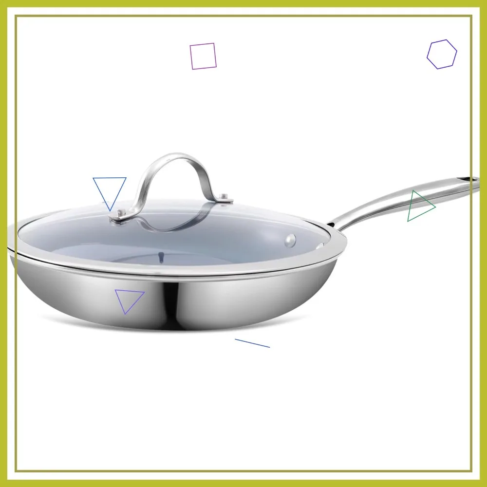 

10-дюймовая сковорода из нержавеющей стали с антипригарным покрытием и крышкой, керамическое покрытие, совместима с индукционными плитами, можно мыть в посудомоечной машине