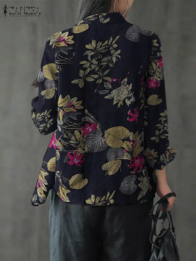 ZANZEA Women Cotton Blazer Vintage Lapel Neck Long Sleeve Thin Coats Autumn Elegant Work Suit Retro Floral Printed Loose Outwear