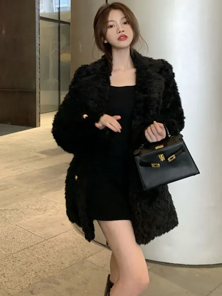 Korean Design Faux Fur Thick Jackets Tops Women Lapel Neck Double Breasted Chamarras Winter Warm Long Sleeve Solid Abrigos New