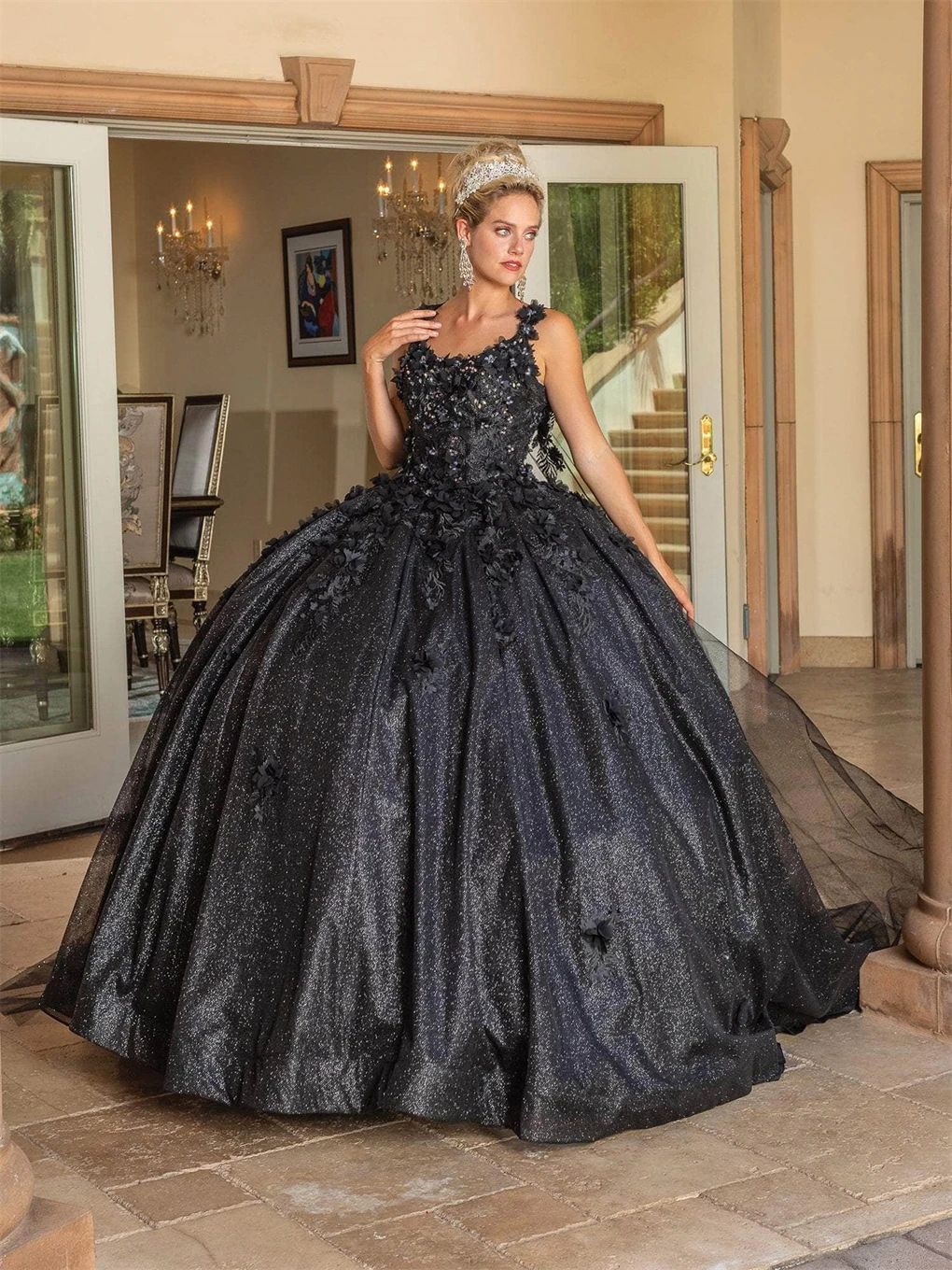 Vestido De baile De tul con purpurina para mujer, traje con apliques florales en 3D, Quinceañera De 15 pulgadas, Vestidos De cóctel con cuentas, 2023