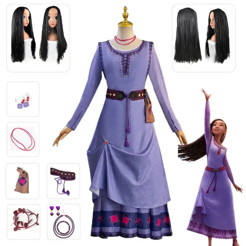 Desejo asha cosplay vestidos para meninas mulheres princesa roxo vestido de noite peruca natal festa de aniversário acessórios traje 2023