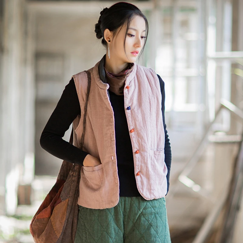 Frauen Baumwolle Leinen Casual Weste Mäntel Neue 2025, Herbst Vintage Stil Einfarbig Dicke Warme Weibliche Grundlagen Ärmellose Jacken M2096