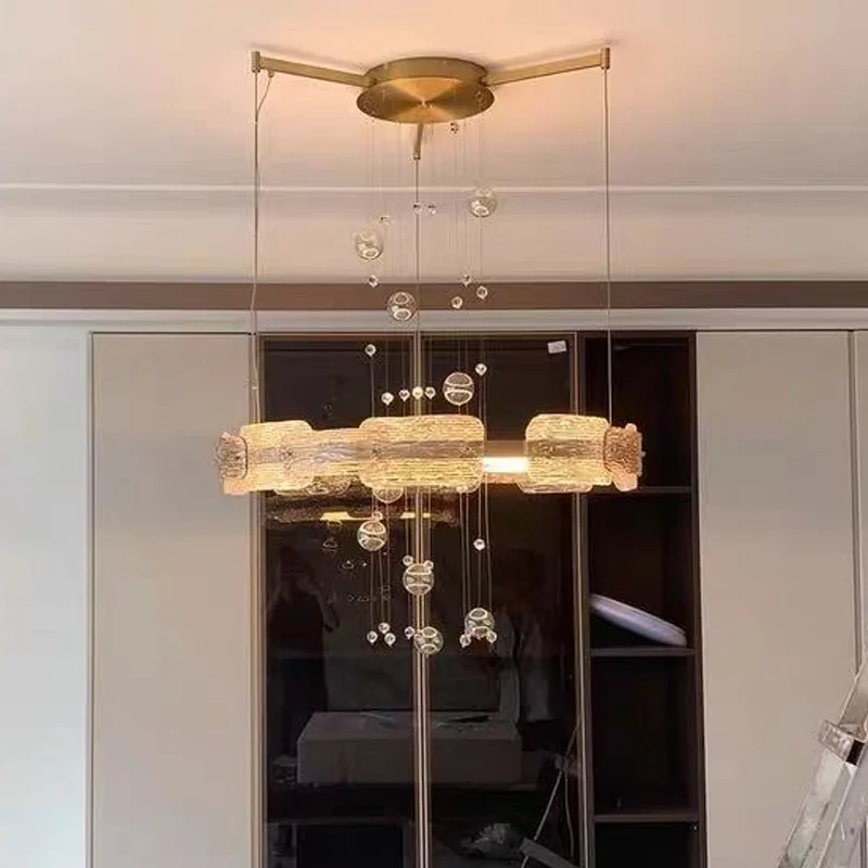 

French LED all brass polished chandelier for dining room ceiling, dimmable , for bar, round glass chandelier