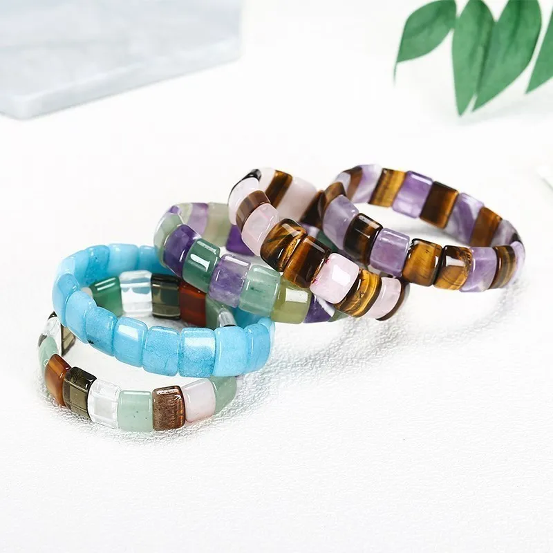 JD 10x14mm Natural Multilcolor Amethyst Crystal Stone Square Beads Bangle Charms Yoga Men Women Meditation Amulet Wrist Bracelet