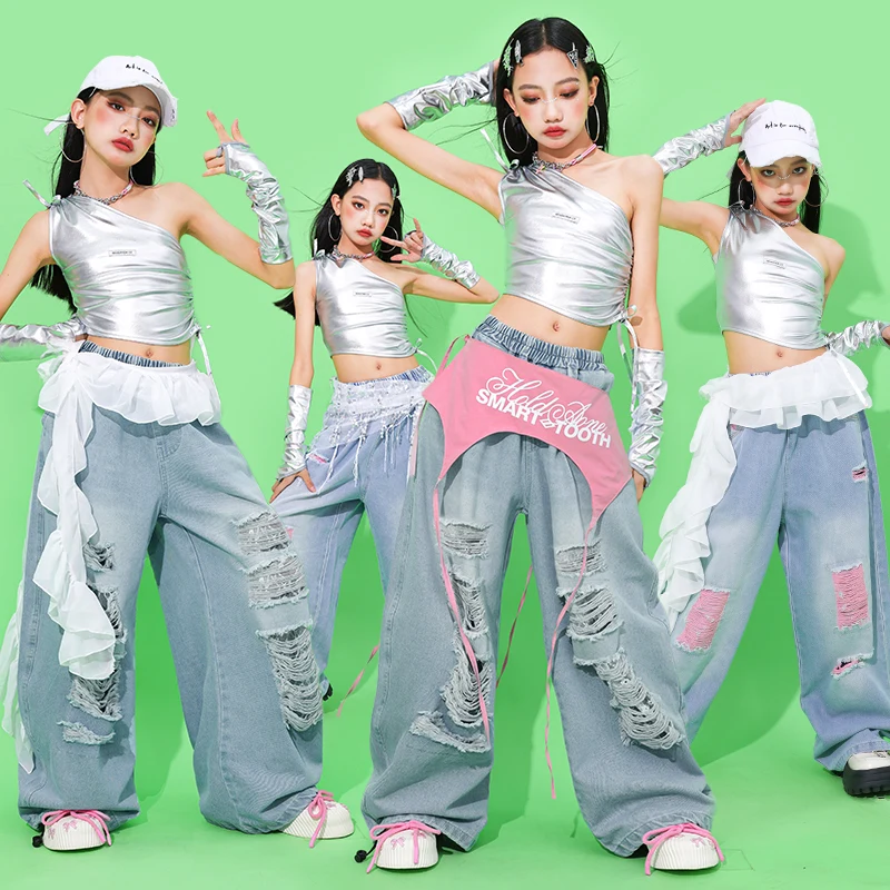 Mädchen Hip Hop Silber Crop Top Rosa Hosen Kinder K-pop Streetwear Kinder Jazz Mädchen Gruppe Kostüm Teen Street Dance kleidung Sets