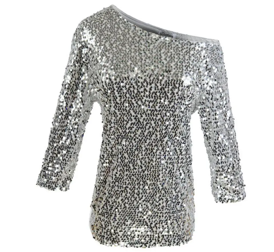 New Fashion Sexy Mid Sleeve Slanted Shoulder Sequin Solid Color Slim Fit T-shirt For Women,2 Colors