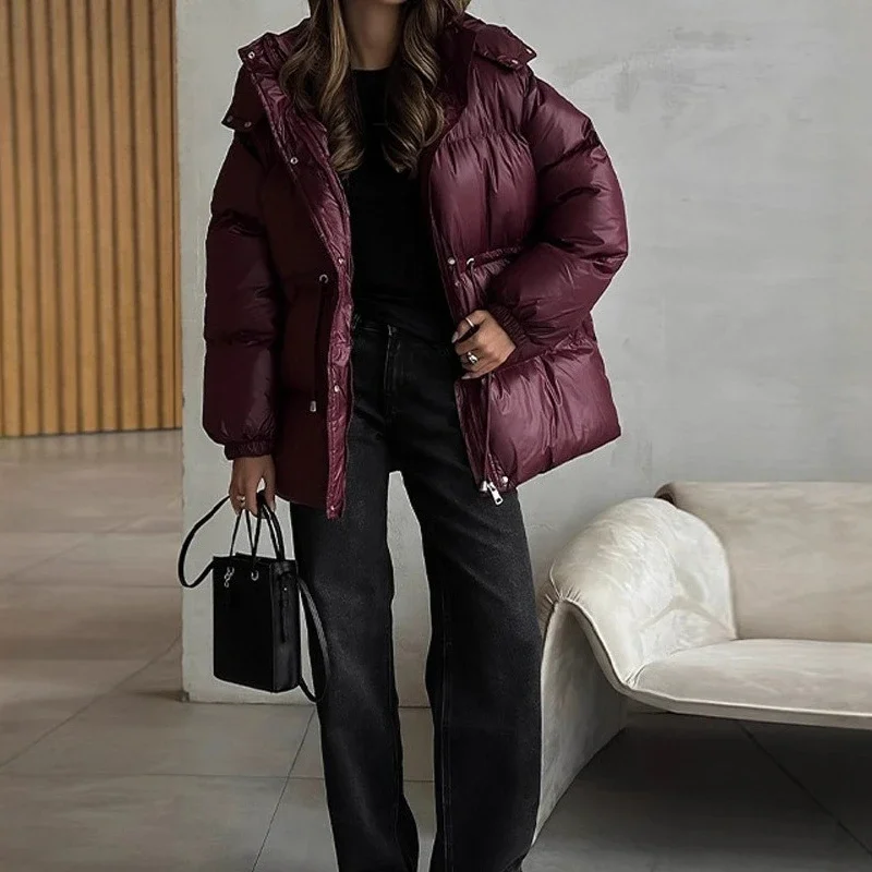 Warm Cotton Hooded Coats Women Fashion Stand Collar Zipper Thick Jacket Female Casual Commuter Outerwear 2025