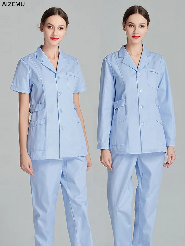 White Short Scrubs Top Nurse Uniforms Set Lab Coat Doctor Uniform Women Medical Clothing Pink Beauty Salon Long Sleeve clothes