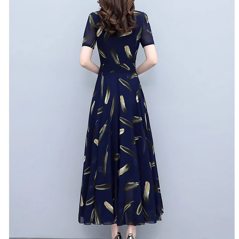 Women Chiffon Long Dresses Summer Female V Neck Short Sleeve Large Size 5XL Elegant Slim A Line Pleated Printed Party Vestidos