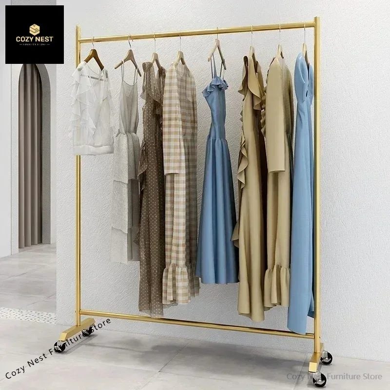 Clothes Storage Rod Stand Wheels Mobile Folding Clothes Drying Hangers Rail Golden Balcony Colgador De Ropa Bedroom Furniture
