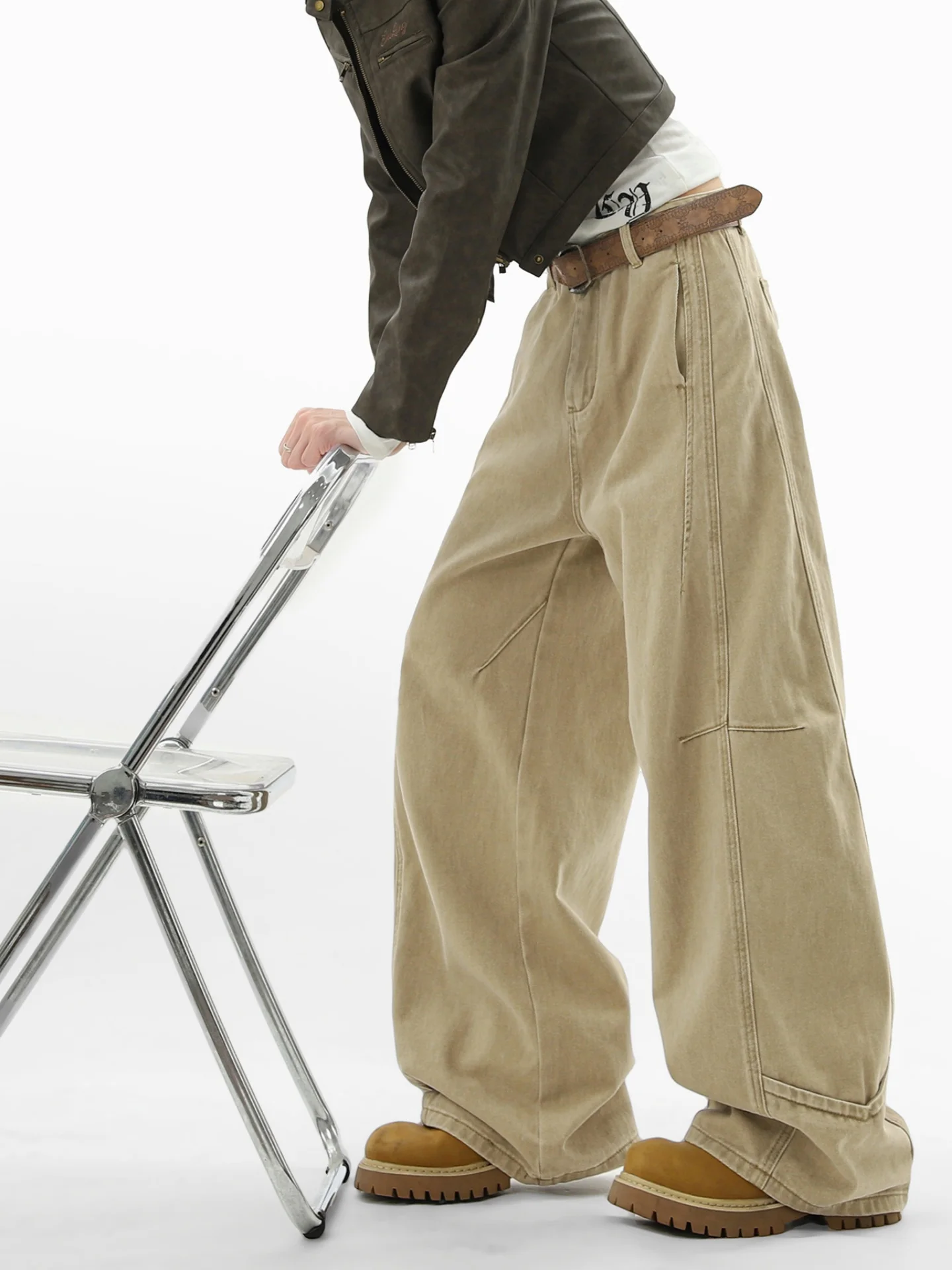 

Waed Pure Cotton Men's Work Trousers Split Patchwork Deconstructed Loose Straight Leg Wide Leg American Knife Pants