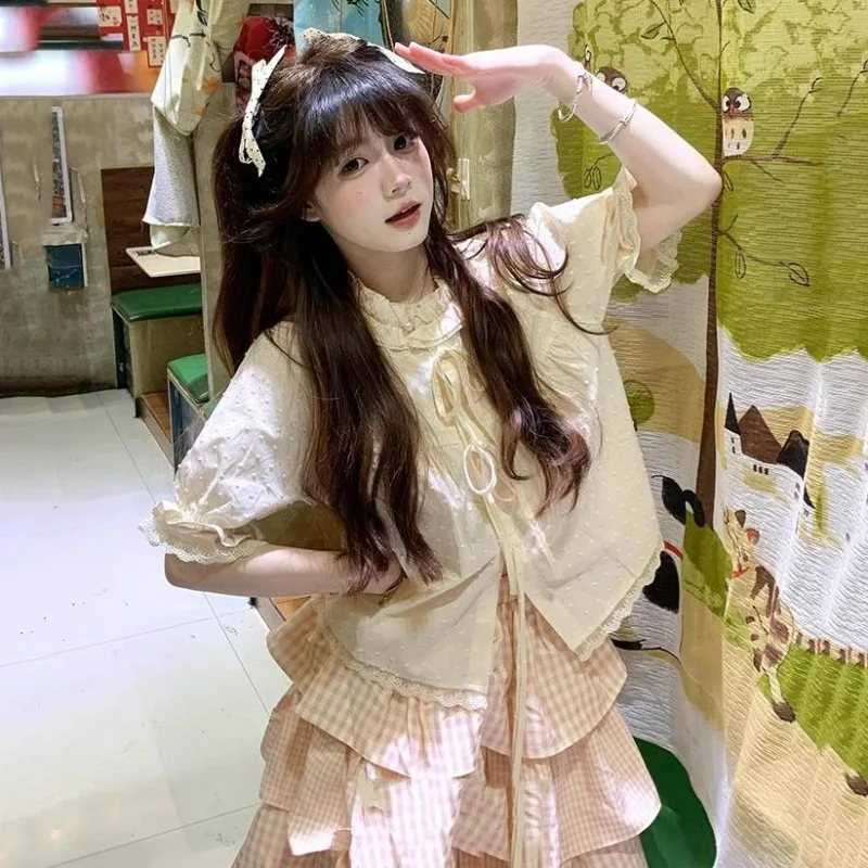 

Новые летние милые свежие и милые женские комплекты из двух предметов, модная нежная темпераментная рубашка с короткими рукавами и юбка-торт