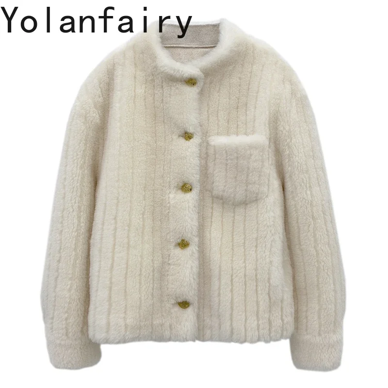 YOLANFAIRY Shearling Coat Real Fur Coat Womens New in Outwears Women Clothes Winter Stand Collar Coats Fashion Пальто Женское