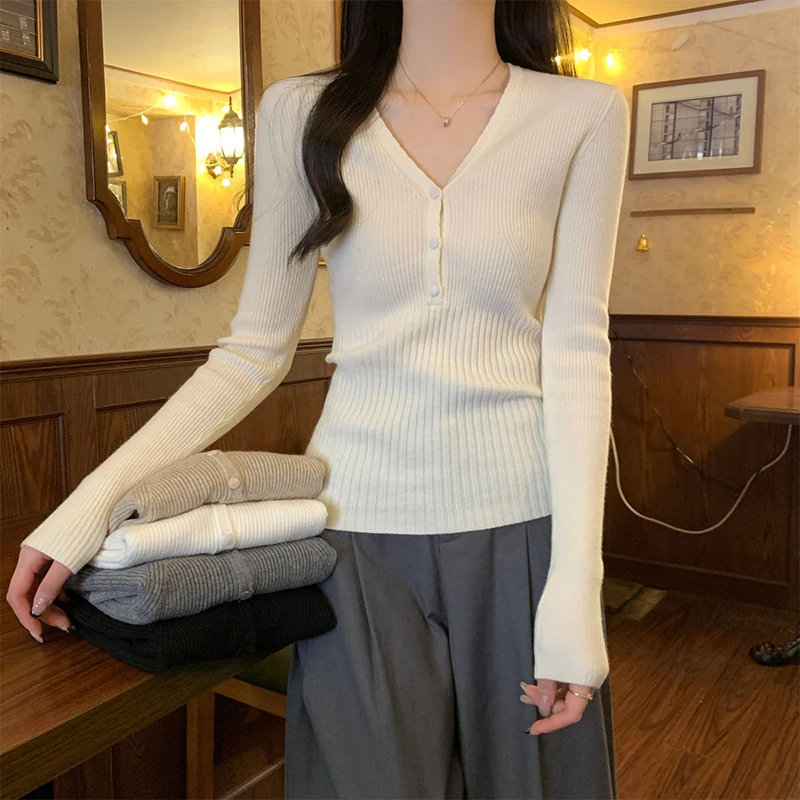 Stretch Slim Fit V-Neck Knitted Sweater Women Spring Autumn Sexy Tight Button Long Sleeve Pullovers High Quality Ribbed Knitwear