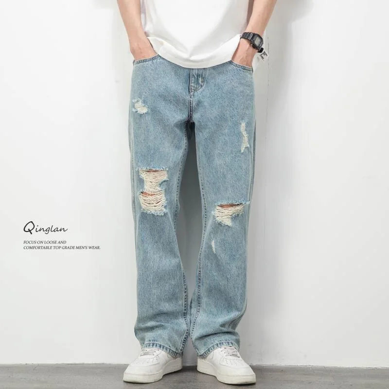 

New Spring/Autumn Fashion Trendy Solid Color American Style Ripped Stretch Denim Jeans Men's Casual Loose Fit Straight Leg Jeans