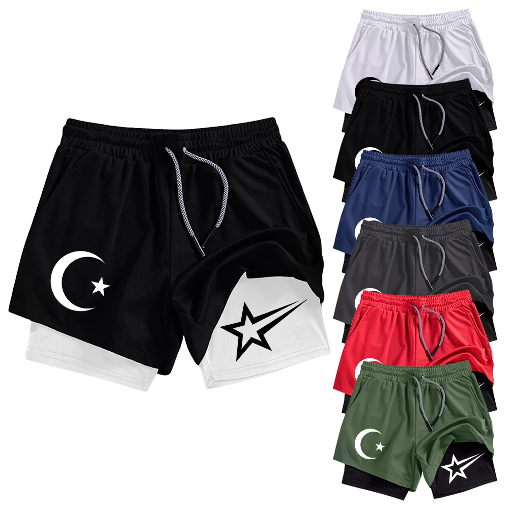 

Summer Men's Double Layer Beach Shorts Quick Dry Gym Athletic Training Elastic Waistband with Pocket Crescent Star Graphic Print