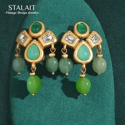 Gothic Vintage Drop Dangle Earrings for Woman Tassels Water Droplets Natural Green Stone Gold Color Antique Jewelry Designer New