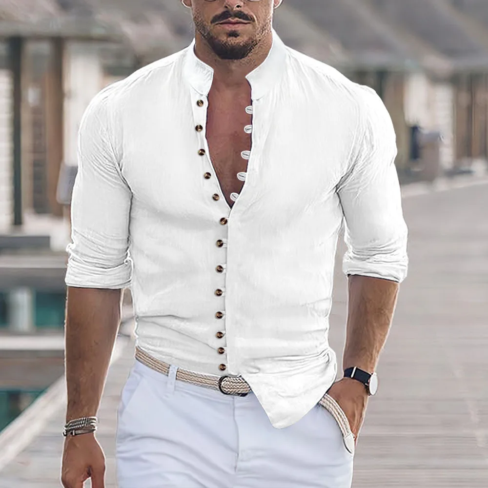 

Men's Retro Cotton linen Casual Long sleeved Shirt Solid Color Male Top Slim Fit Henry collar Casual Cozy Shirt Men's streetwear