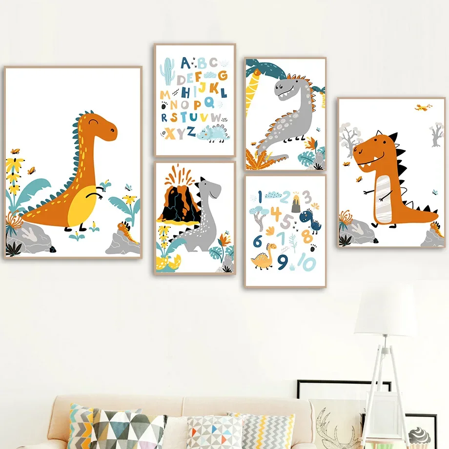 Cute Dinosaur Alphabet Number Wall Art Canvas Kids Room Decor Nordic Style Customizable Nursery Poster Print