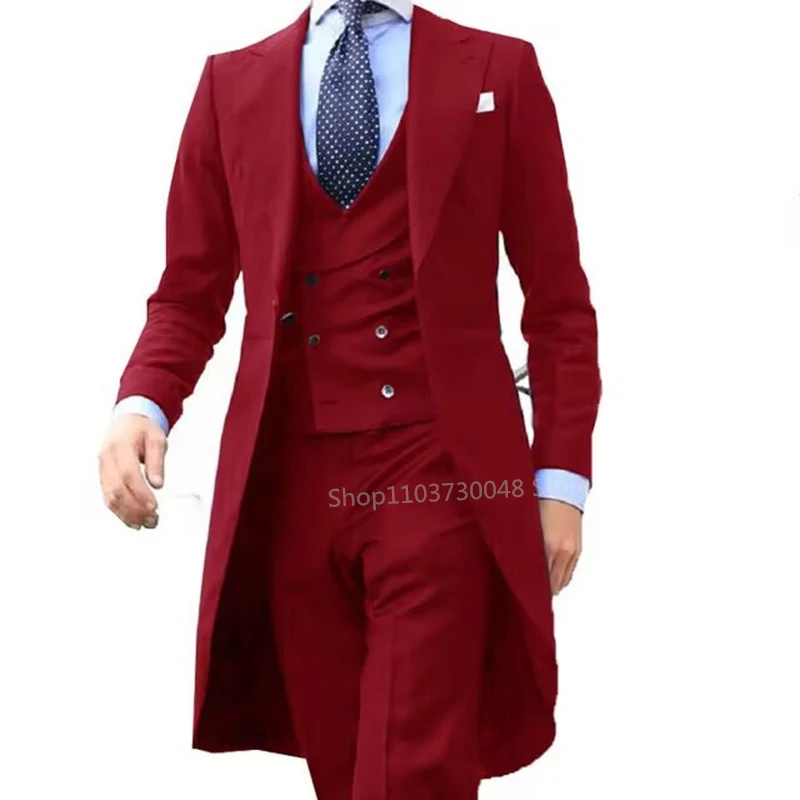 Elegant Solid Men Suits 3 Piece Fashion Peak Lapel Single Breasted Wedding Tailcoat Prom Party Male Suit (Blazer+Vest+Pants)