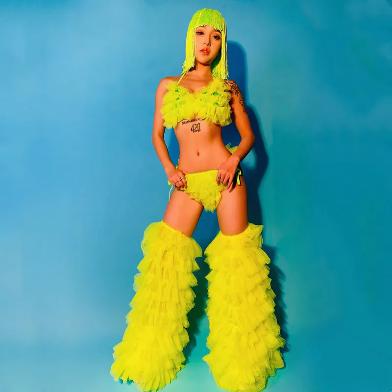 مثير ملهى ليلي Gogo مجموعة زي الفلورسنت البرتقالي بيكيني شعر مستعار رقيق غطاء الساق الهذيان وتتسابق DJ راقصة أداء المرحلة ارتداء