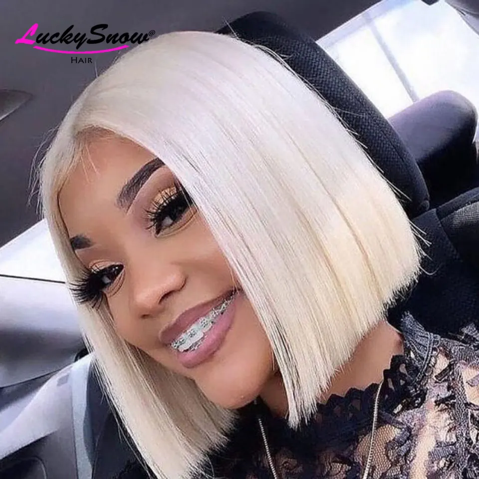 

100% Human Hair Wig White Straight Short Bob Transparent 13*4 Lace Frontal Wigs Cosplay For Women Glueless Customize Hot Sale