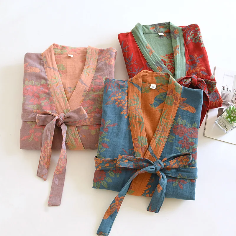 Spring Jacquard High Quality Color Woven Cotton Double Layer Gauze Sleeping Robes for Women Medium Length Yukata Bathrobe 6 Spring Jacquard High Quality Color Woven Cotton Double Layer Gauze Sleeping Robes for Women Medium Length Yukata Bathrobe 6