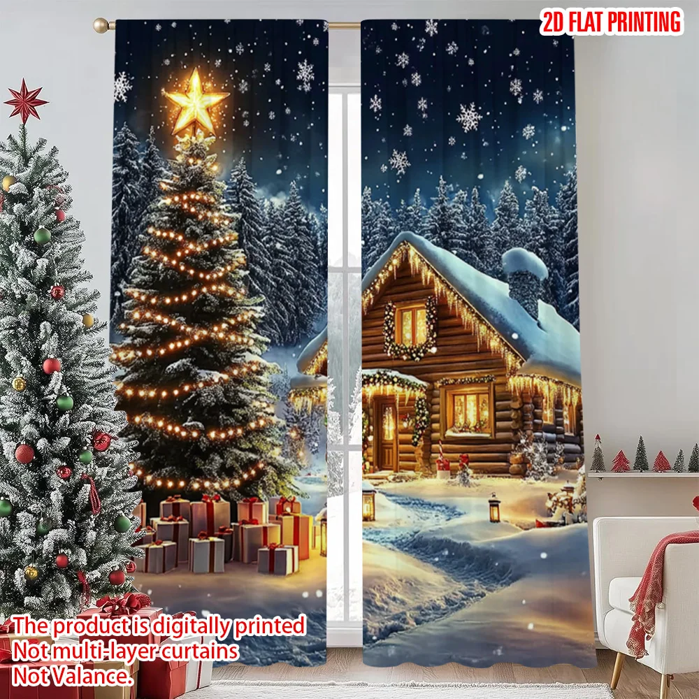 

2pcs 2D flat printing Merry Christmas Popular Window Drapes Christmas holiday house scene Versatile Durable Polyester Without