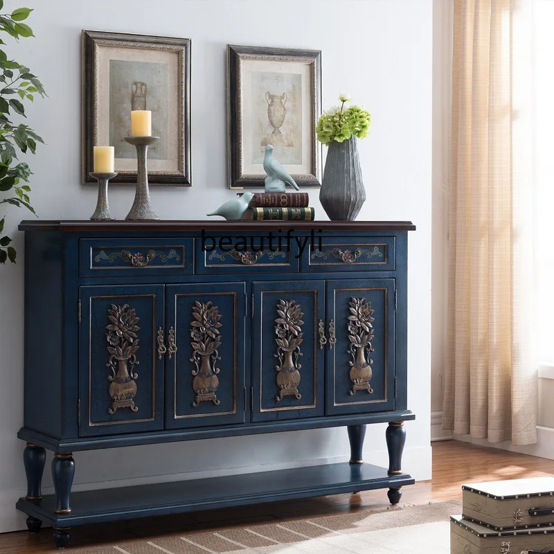 

American Style Entrance Shoe Cabinet Relief Bottle An Solid Wood Partition Storage Cabinet Blue Entrance Table